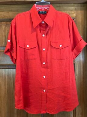 Lauren Ralph Lauren Bright Deep Orange Short-Sleeve Button-Front Shirt
